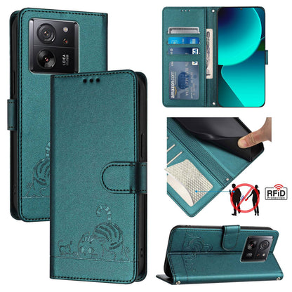 Xiaomi 13T Pro 5G Global Leather Phone Case with Cat and Rat Embossed Pattern, RFID Protection, Card Holder Slots, Anti-fall Feature & Lanyard
