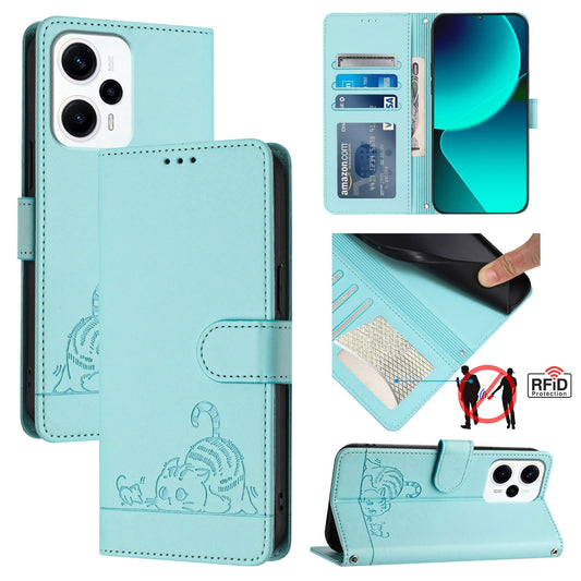 Xiaomi Redmi Note 12T Pro Leather Phone Case with Cat and Rat Embossed Pattern, RFID Protection, Card Holder Slots, Anti-fall Feature & Lanyard