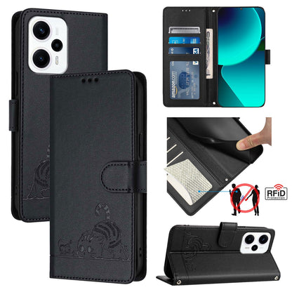 Xiaomi Redmi Note 12T Pro Leather Phone Case with Cat and Rat Embossed Pattern, RFID Protection, Card Holder Slots, Anti-fall Feature & Lanyard