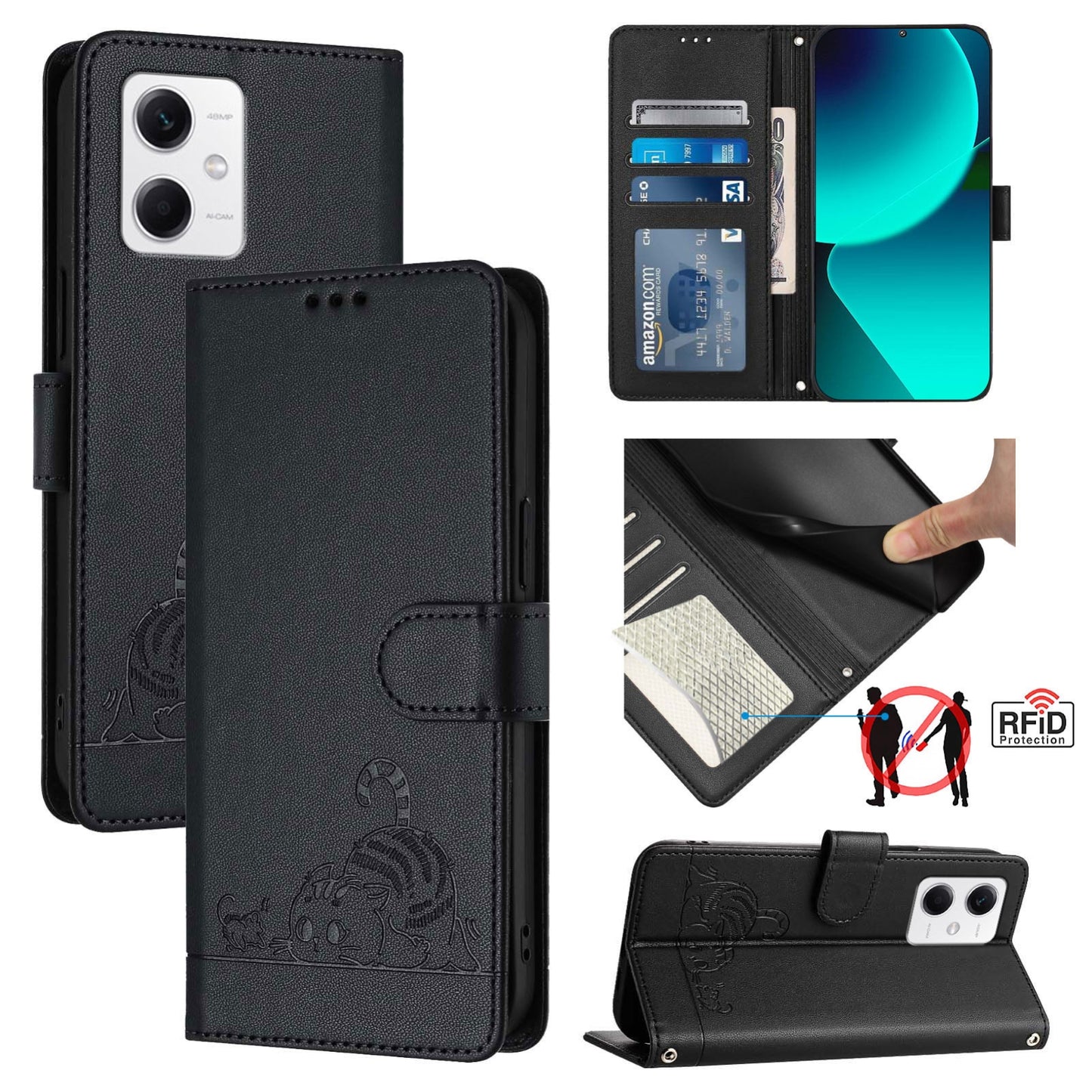 Xiaomi Redmi Note 12 5G Global Leather Phone Case with Cat and Rat Embossed Pattern, RFID Protection, Card Holder Slots, Anti-fall Feature & Lanyard