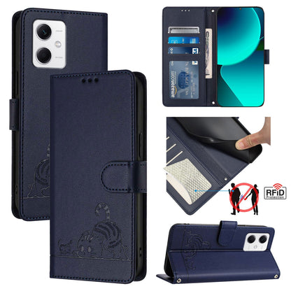 Xiaomi Redmi Note 12 5G Global Leather Phone Case with Cat and Rat Embossed Pattern, RFID Protection, Card Holder Slots, Anti-fall Feature & Lanyard