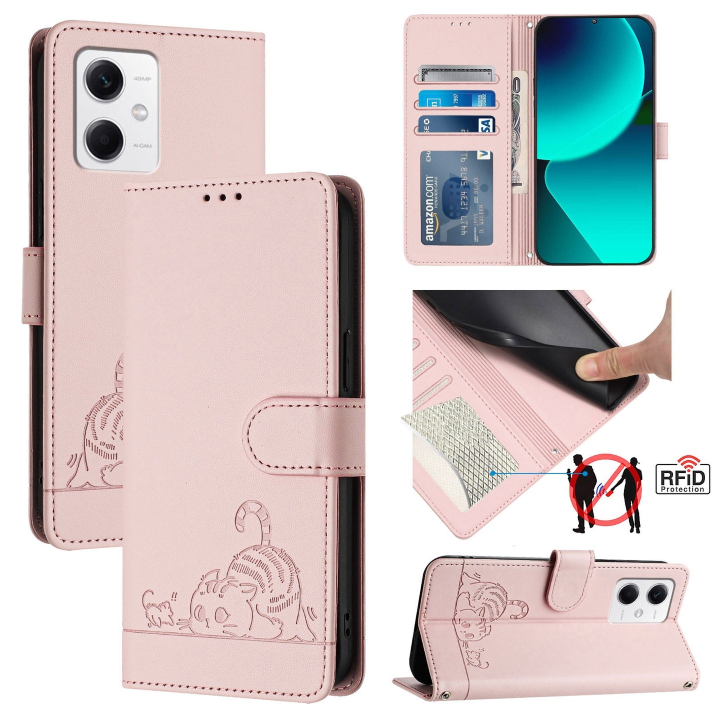 Xiaomi POCO X5 Leather Phone Case with Cat and Rat Embossed Pattern, RFID Protection, Card Holder Slots, Anti-fall Feature & Lanyard