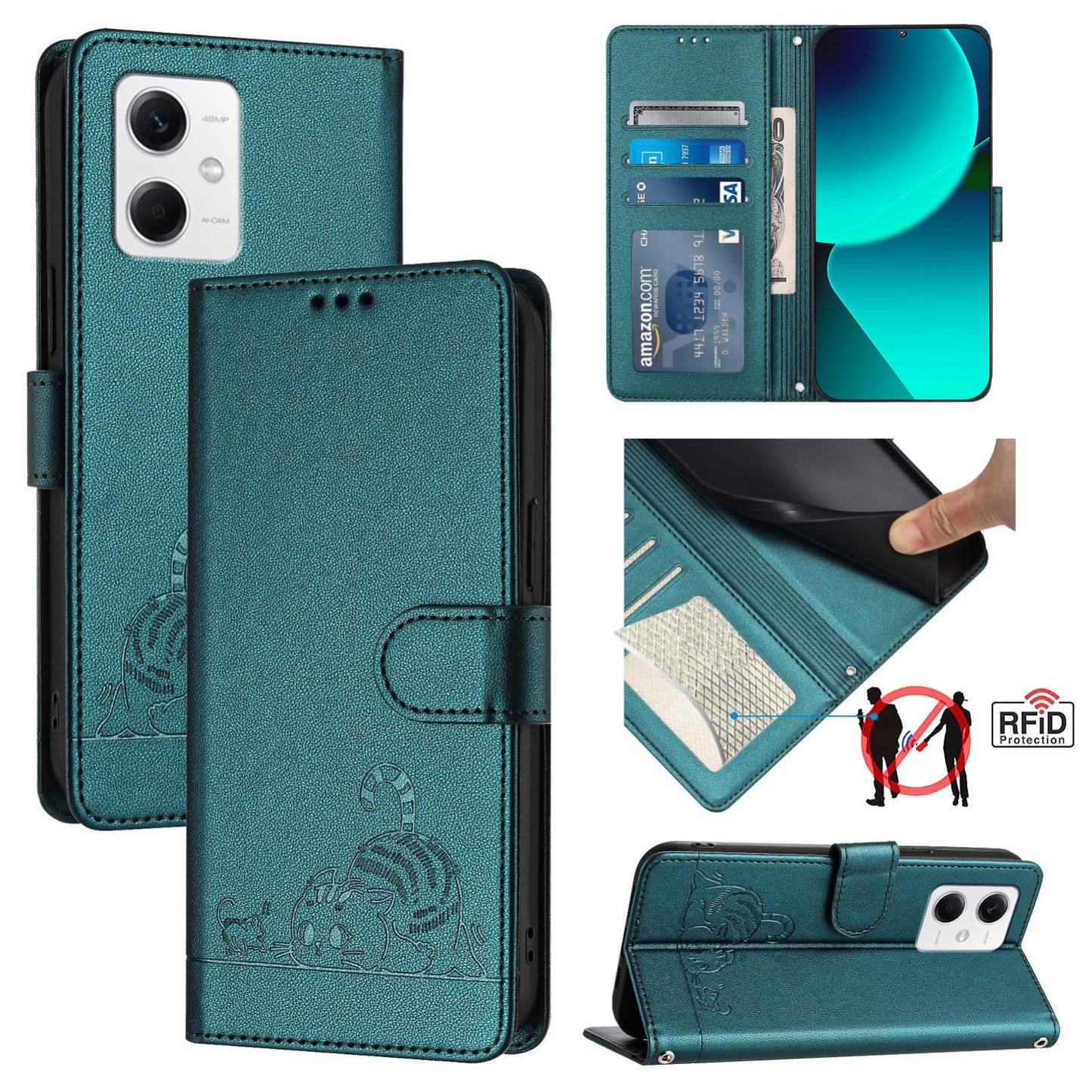 Xiaomi POCO X5 Leather Phone Case with Cat and Rat Embossed Pattern, RFID Protection, Card Holder Slots, Anti-fall Feature & Lanyard