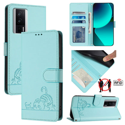 Xiaomi POCO F5 Pro Leather Phone Case with Cat and Rat Embossed Pattern, RFID Protection, Card Holder Slots, Anti-fall Feature & Lanyard