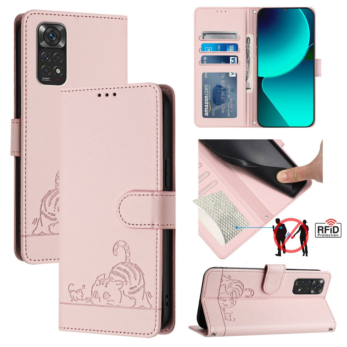 Xiaomi Redmi Note 11S 4G Global Leather Phone Case with Cat and Rat Embossed Pattern, RFID Protection, Card Holder Slots, Anti-fall Feature & Lanyard