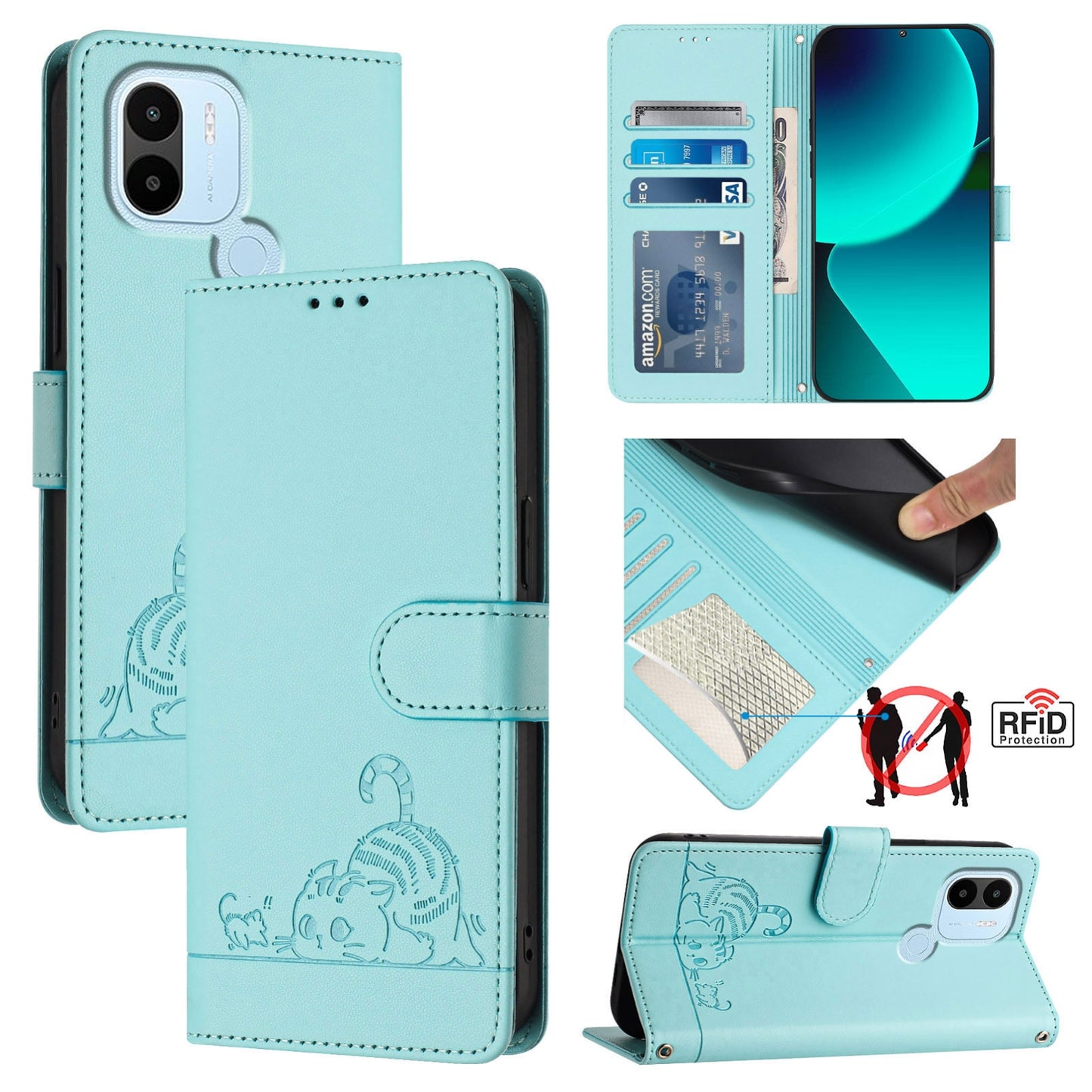 Xiaomi Redmi A1+ 4G Leather Phone Case with Cat and Rat Embossed Pattern, RFID Protection, Card Holder Slots, Anti-fall Feature & Lanyard