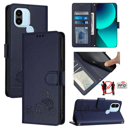 Xiaomi Redmi A1+ 4G Leather Phone Case with Cat and Rat Embossed Pattern, RFID Protection, Card Holder Slots, Anti-fall Feature & Lanyard