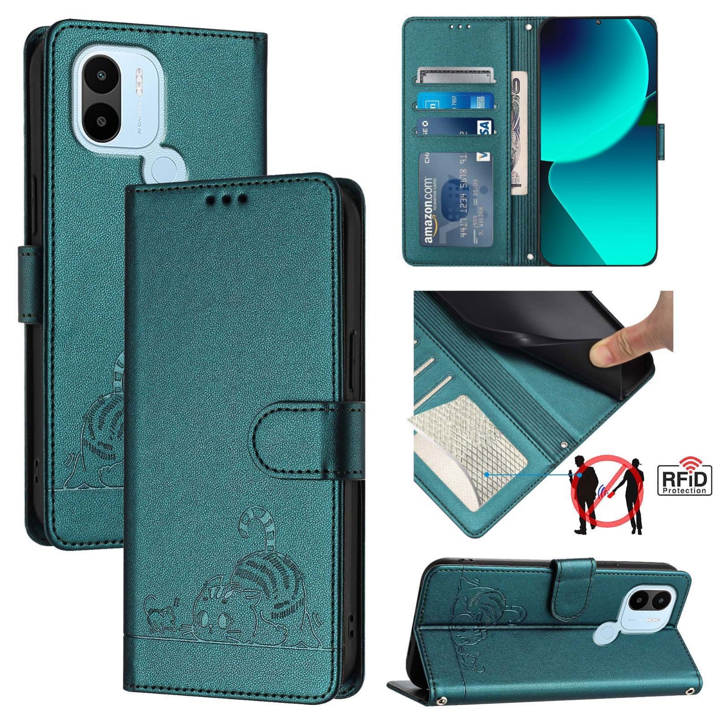 Xiaomi POCO C50 4G Leather Phone Case with Cat and Rat Embossed Pattern, RFID Protection, Card Holder Slots, Anti-fall Feature & Lanyard
