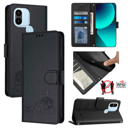 Xiaomi POCO C51 Leather Phone Case with Cat and Rat Embossed Pattern, RFID Protection, Card Holder Slots, Anti-fall Feature & Lanyard