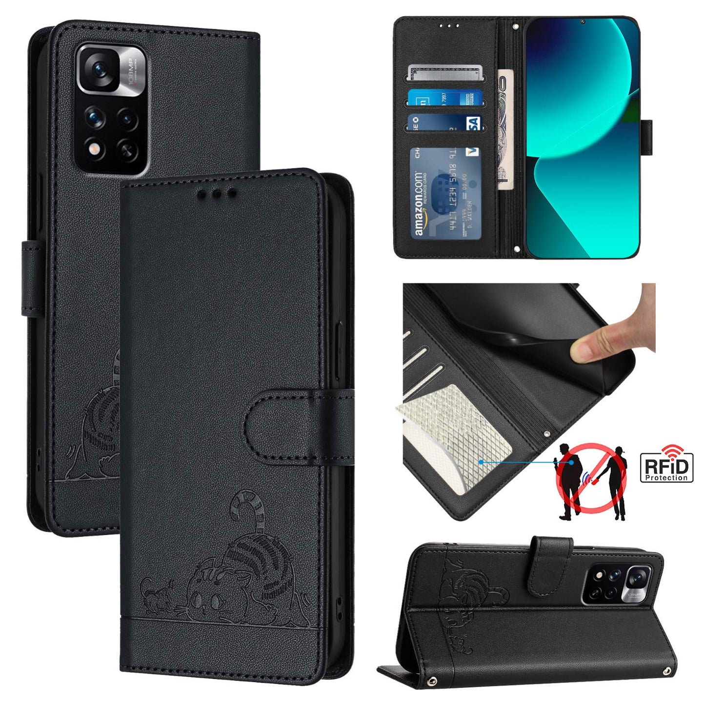 Xiaomi Redmi Note 12 Pro 4G Global Leather Phone Case with Cat and Rat Embossed Pattern, RFID Protection, Card Holder Slots, Anti-fall Feature & Lanyard