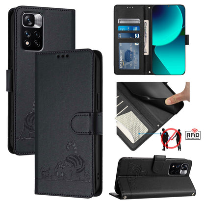 Xiaomi Redmi Note 12 Pro 4G Global Leather Phone Case with Cat and Rat Embossed Pattern, RFID Protection, Card Holder Slots, Anti-fall Feature & Lanyard