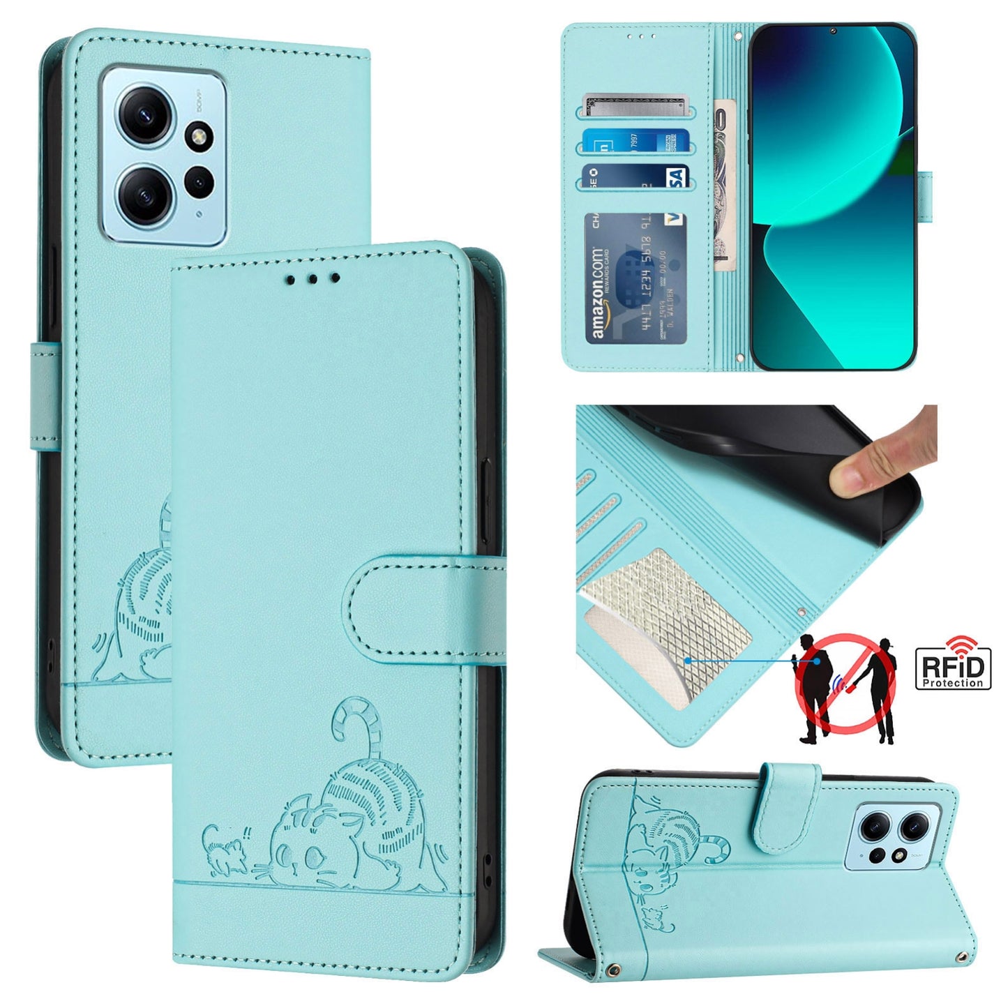 Xiaomi Redmi Note 12 4G Global Leather Phone Case with Cat and Rat Embossed Pattern, RFID Protection, Card Holder Slots, Anti-fall Feature & Lanyard