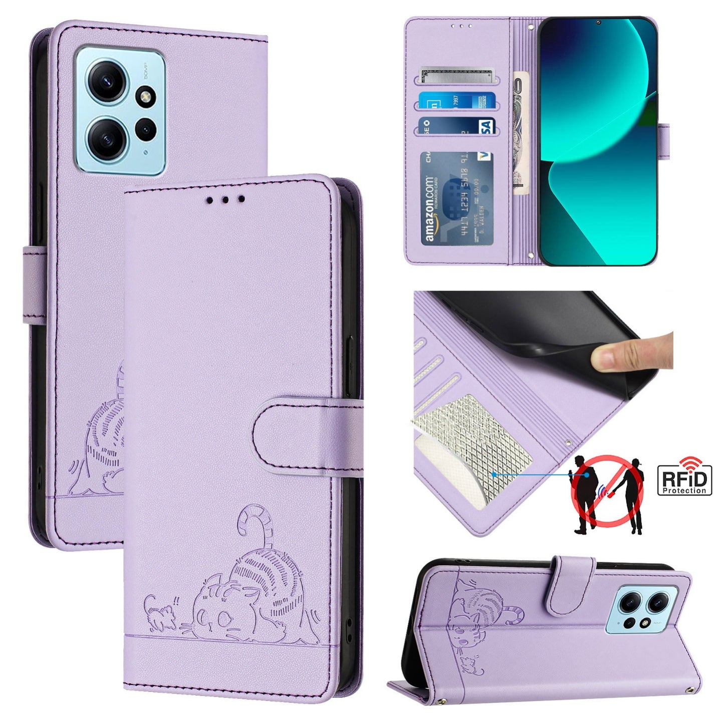 Xiaomi Redmi Note 12 4G Global Leather Phone Case with Cat and Rat Embossed Pattern, RFID Protection, Card Holder Slots, Anti-fall Feature & Lanyard