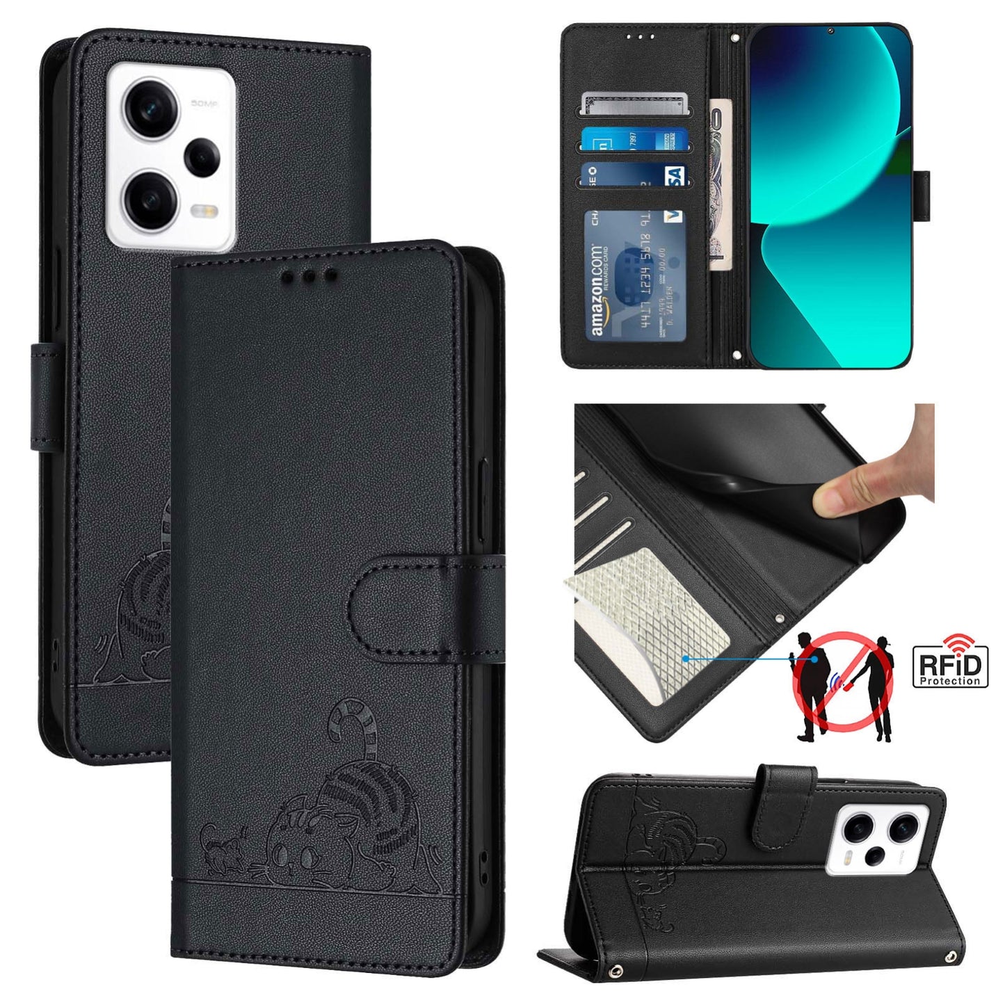 Xiaomi Redmi Note 12 Pro 5G Global Leather Phone Case with Cat and Rat Embossed Pattern, RFID Protection, Card Holder Slots, Anti-fall Feature & Lanyard