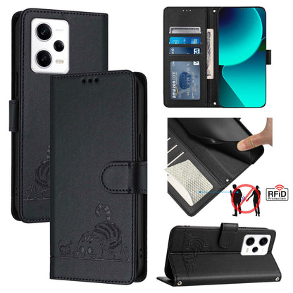 Xiaomi Redmi Note 12 Pro 5G Global Leather Phone Case with Cat and Rat Embossed Pattern, RFID Protection, Card Holder Slots, Anti-fall Feature & Lanyard