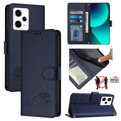 Xiaomi Redmi Note 12 Pro 5G Global Leather Phone Case with Cat and Rat Embossed Pattern, RFID Protection, Card Holder Slots, Anti-fall Feature & Lanyard