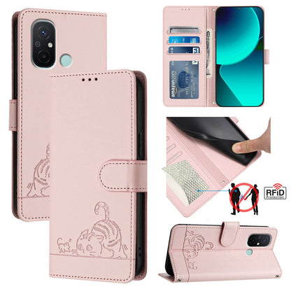 Xiaomi Redmi 12C Leather Phone Case with Cat and Rat Embossed Pattern, RFID Protection, Card Holder Slots, Anti-fall Feature & Lanyard