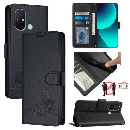 Xiaomi Redmi 12C Leather Phone Case with Cat and Rat Embossed Pattern, RFID Protection, Card Holder Slots, Anti-fall Feature & Lanyard