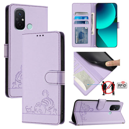 Xiaomi Redmi 12C Leather Phone Case with Cat and Rat Embossed Pattern, RFID Protection, Card Holder Slots, Anti-fall Feature & Lanyard