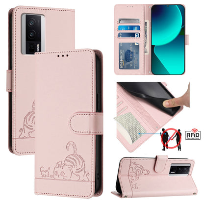 Xiaomi Redmi K60 Leather Phone Case with Cat and Rat Embossed Pattern, RFID Protection, Card Holder Slots, Anti-fall Feature & Lanyard