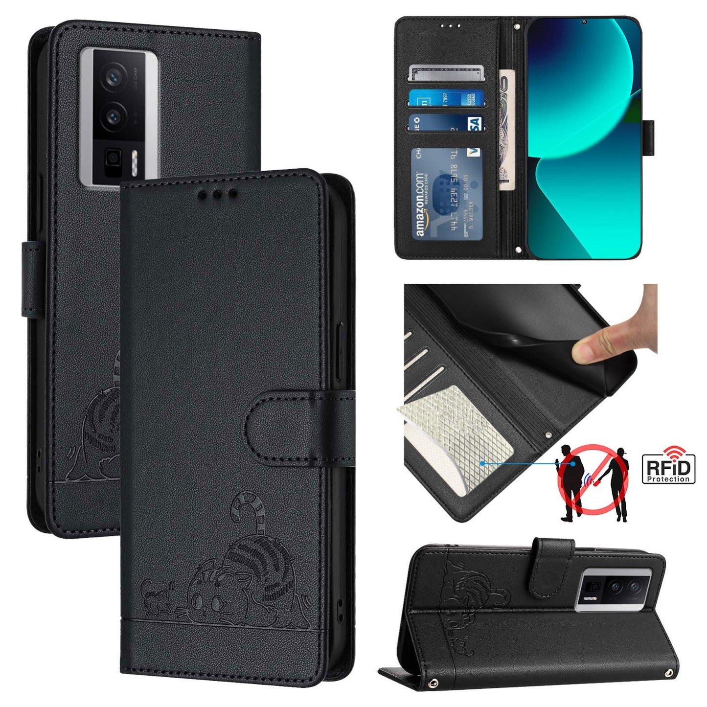 Xiaomi Redmi K60 Leather Phone Case with Cat and Rat Embossed Pattern, RFID Protection, Card Holder Slots, Anti-fall Feature & Lanyard