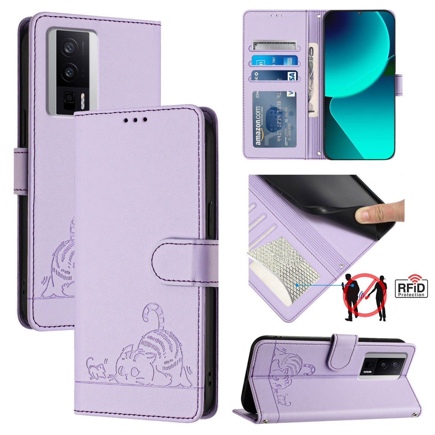 Xiaomi Redmi K60 Leather Phone Case with Cat and Rat Embossed Pattern, RFID Protection, Card Holder Slots, Anti-fall Feature & Lanyard