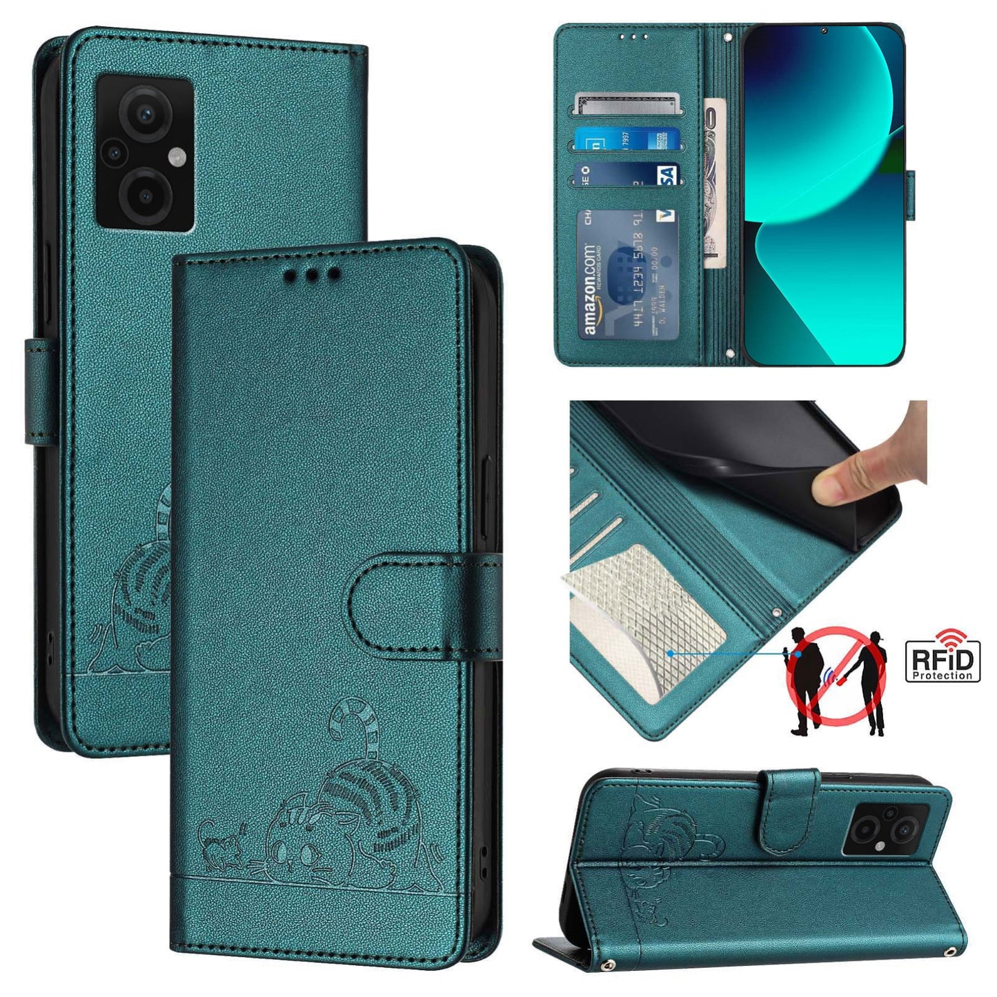 Xiaomi Redmi 10 5G Leather Phone Case with Cat and Rat Embossed Pattern, RFID Protection, Card Holder Slots, Anti-fall Feature & Lanyard