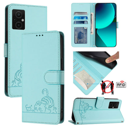 Xiaomi Redmi 11 Prime 5G Leather Phone Case with Cat and Rat Embossed Pattern, RFID Protection, Card Holder Slots, Anti-fall Feature & Lanyard