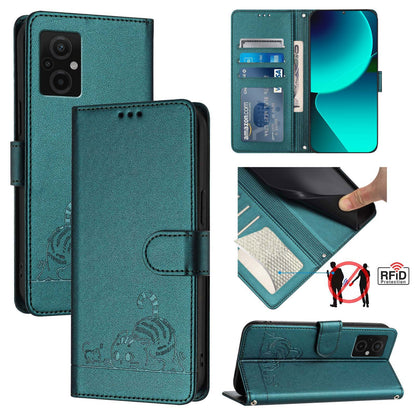 Xiaomi Redmi 11 Prime 5G Leather Phone Case with Cat and Rat Embossed Pattern, RFID Protection, Card Holder Slots, Anti-fall Feature & Lanyard