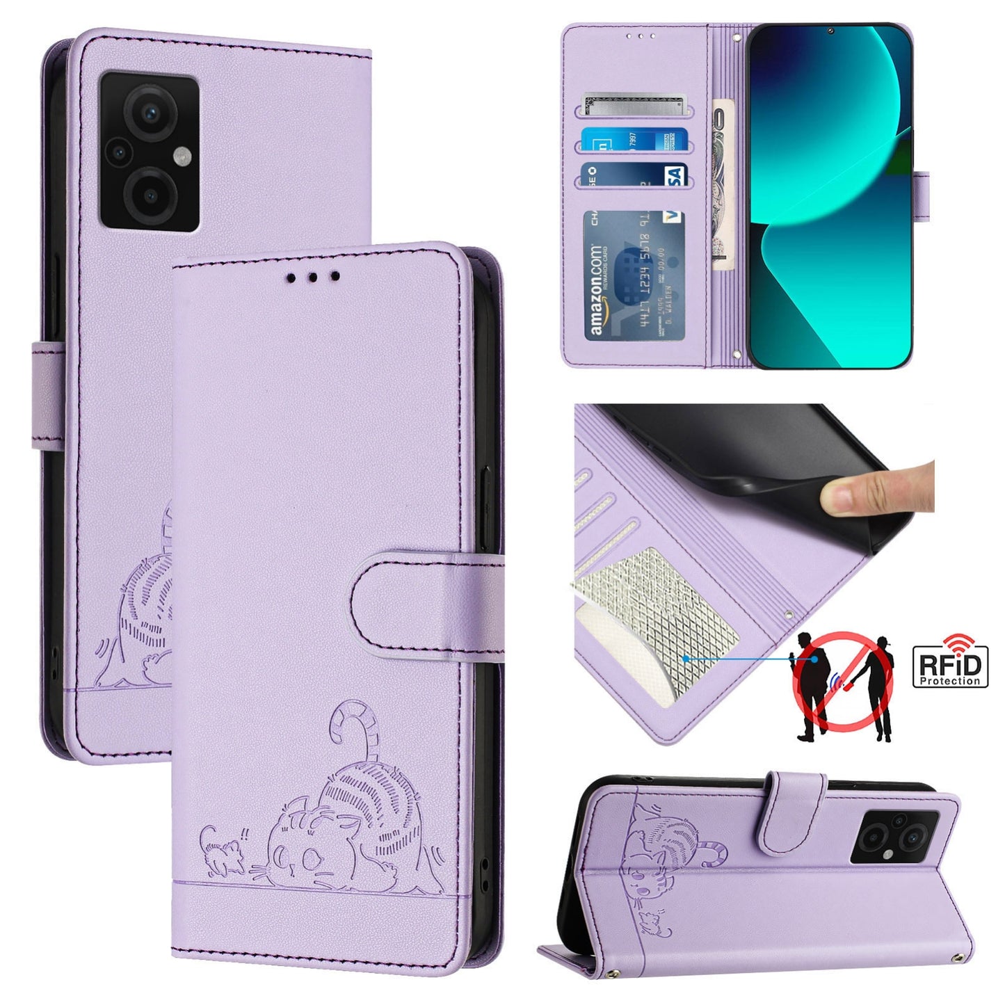 Xiaomi Redmi 11 Prime 5G Leather Phone Case with Cat and Rat Embossed Pattern, RFID Protection, Card Holder Slots, Anti-fall Feature & Lanyard