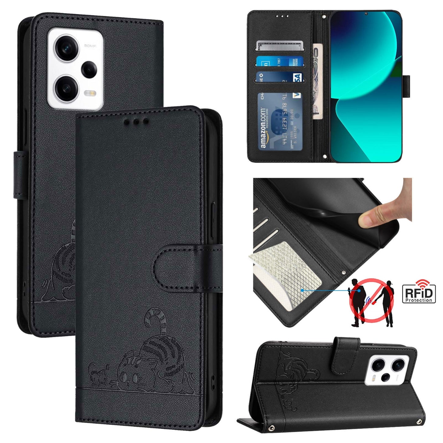 Xiaomi Redmi Note 12 Explorer Leather Phone Case with Cat and Rat Embossed Pattern, RFID Protection, Card Holder Slots, Anti-fall Feature & Lanyard