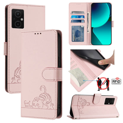 Xiaomi Redmi Note 11R Leather Phone Case with Cat and Rat Embossed Pattern, RFID Protection, Card Holder Slots, Anti-fall Feature & Lanyard