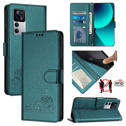 Xiaomi Redmi K50 Ultra Leather Phone Case with Cat and Rat Embossed Pattern, RFID Protection, Card Holder Slots, Anti-fall Feature & Lanyard