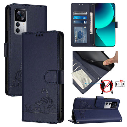 Xiaomi Redmi K50 Ultra Leather Phone Case with Cat and Rat Embossed Pattern, RFID Protection, Card Holder Slots, Anti-fall Feature & Lanyard