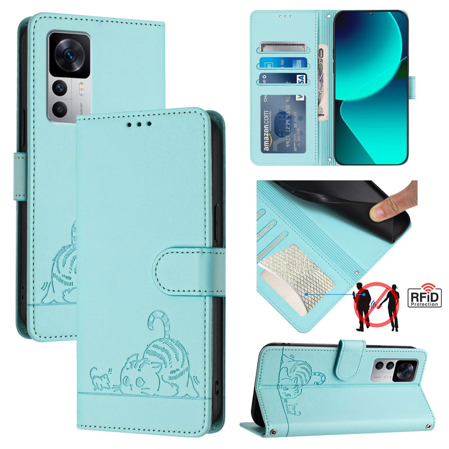 Xiaomi 12T Leather Phone Case with Cat and Rat Embossed Pattern, RFID Protection, Card Holder Slots, Anti-fall Feature & Lanyard
