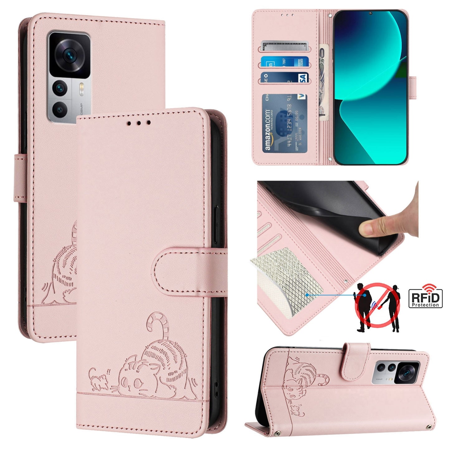 Xiaomi 12T Leather Phone Case with Cat and Rat Embossed Pattern, RFID Protection, Card Holder Slots, Anti-fall Feature & Lanyard
