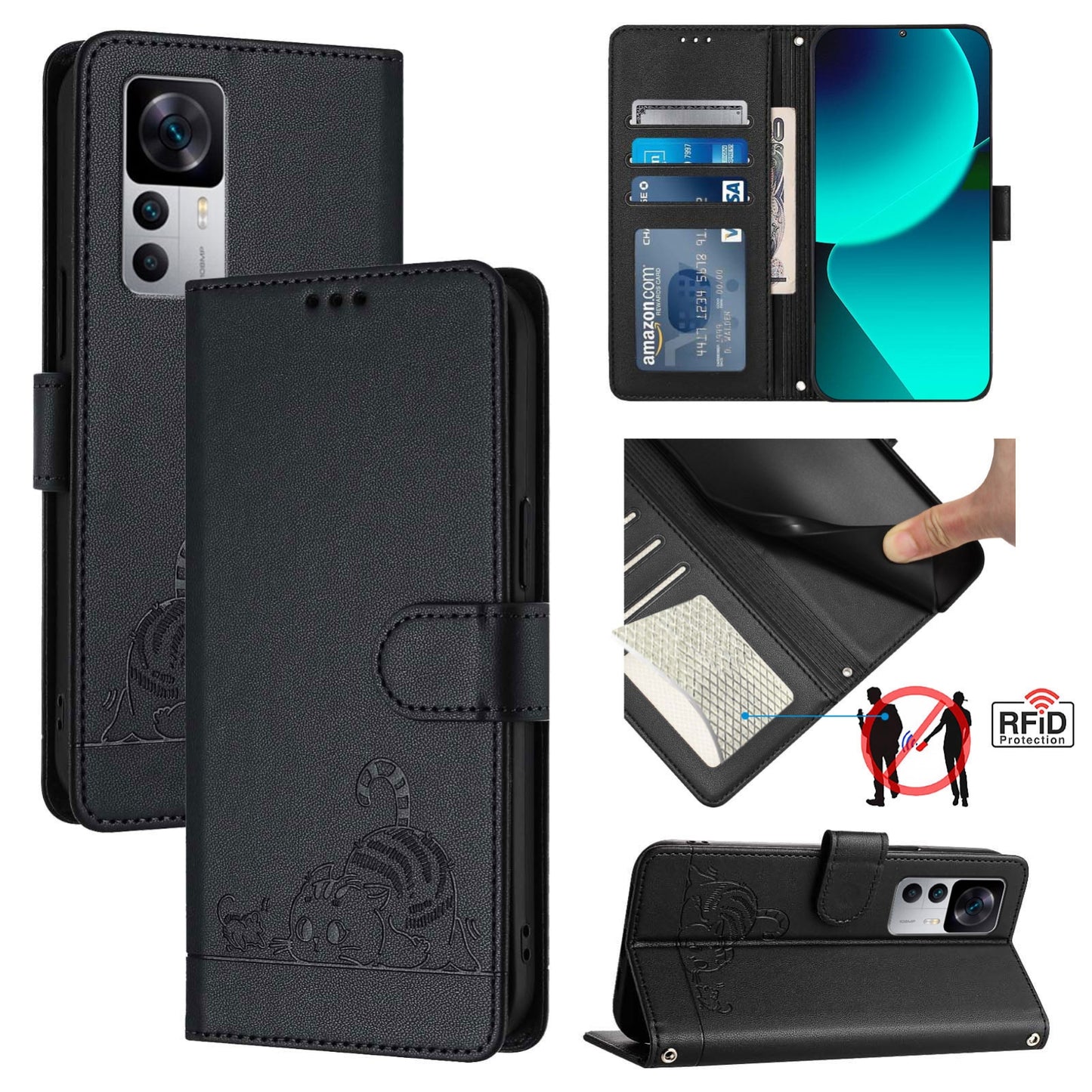 Xiaomi 12T Leather Phone Case with Cat and Rat Embossed Pattern, RFID Protection, Card Holder Slots, Anti-fall Feature & Lanyard
