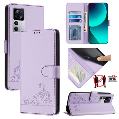 Xiaomi 12T Pro Leather Phone Case with Cat and Rat Embossed Pattern, RFID Protection, Card Holder Slots, Anti-fall Feature & Lanyard