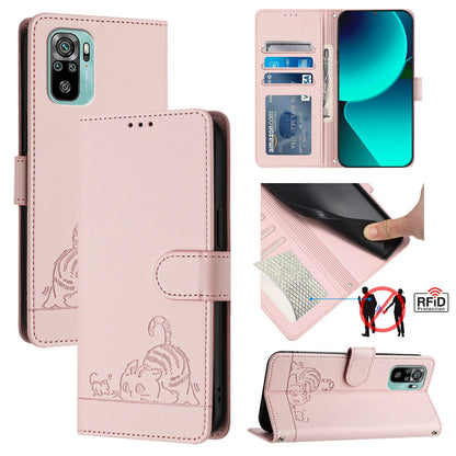Xiaomi POCO M5S 4G Leather Phone Case with Cat and Rat Embossed Pattern, RFID Protection, Card Holder Slots, Anti-fall Feature & Lanyard