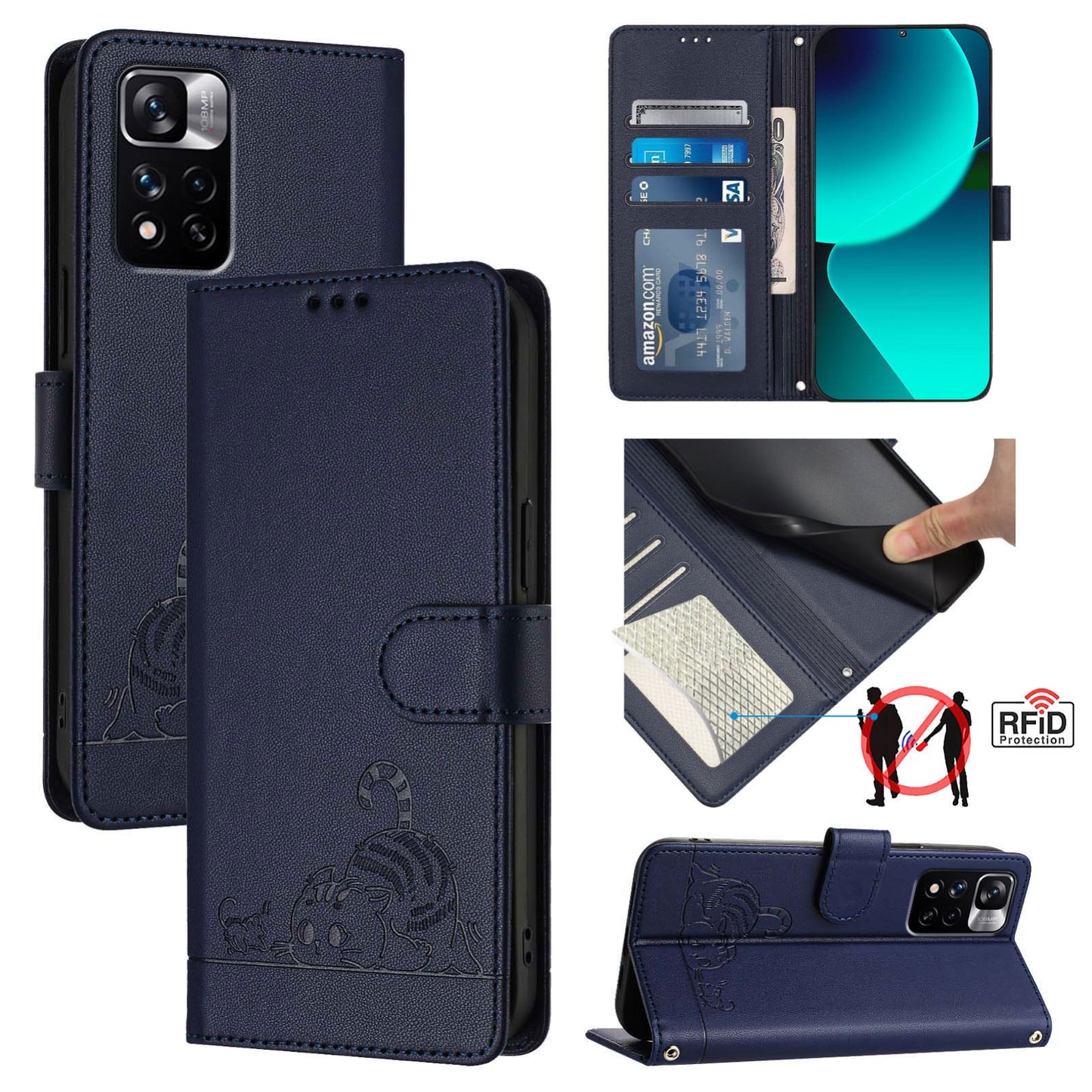 Xiaomi Redmi Note 11 Pro 5G Global Leather Phone Case with Cat and Rat Embossed Pattern, RFID Protection, Card Holder Slots, Anti-fall Feature & Lanyard