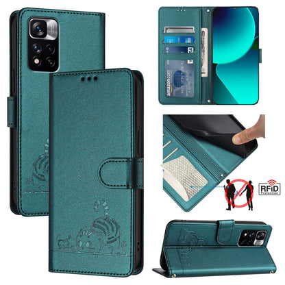 Xiaomi Redmi Note 11 Pro+ 5G Global Leather Phone Case with Cat and Rat Embossed Pattern, RFID Protection, Card Holder Slots, Anti-fall Feature & Lanyard