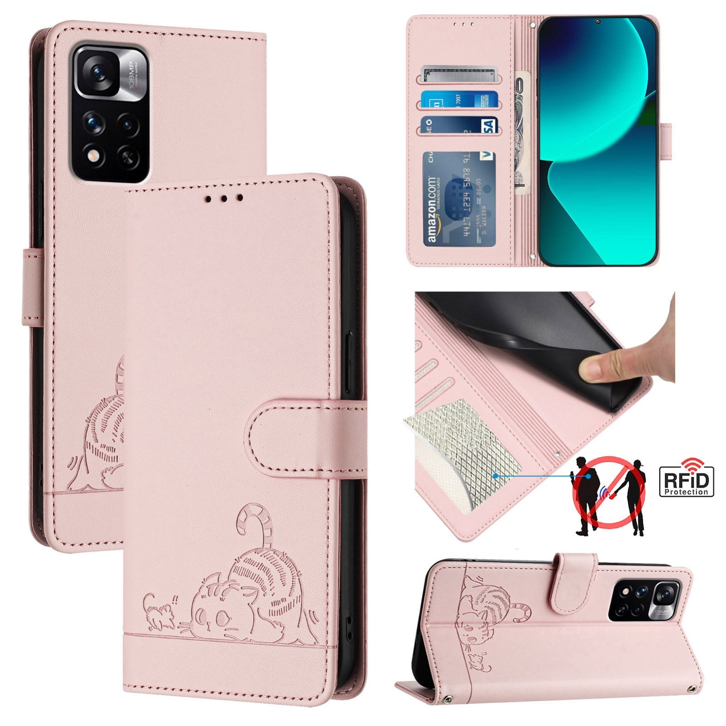 Xiaomi POCO X4 NFC 5G Leather Phone Case with Cat and Rat Embossed Pattern, RFID Protection, Card Holder Slots, Anti-fall Feature & Lanyard