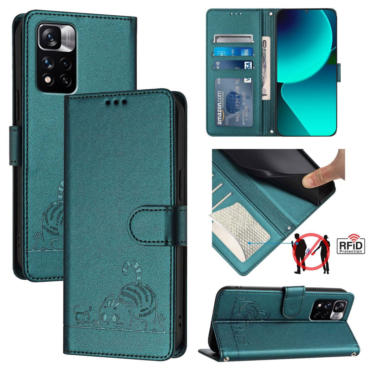 Xiaomi POCO X4 NFC 5G Leather Phone Case with Cat and Rat Embossed Pattern, RFID Protection, Card Holder Slots, Anti-fall Feature & Lanyard