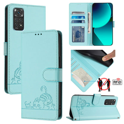 Xiaomi Redmi Note 11S 5G Leather Phone Case with Cat and Rat Embossed Pattern, RFID Protection, Card Holder Slots, Anti-fall Feature & Lanyard