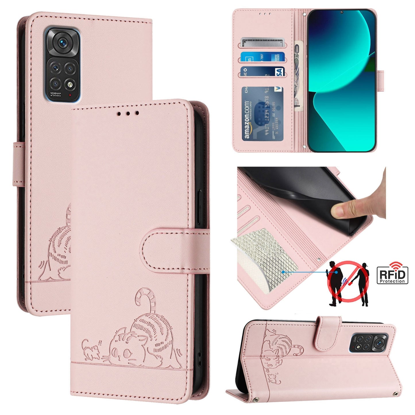 Xiaomi Redmi Note 11S 5G Leather Phone Case with Cat and Rat Embossed Pattern, RFID Protection, Card Holder Slots, Anti-fall Feature & Lanyard