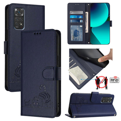 Xiaomi Redmi Note 11S 5G Leather Phone Case with Cat and Rat Embossed Pattern, RFID Protection, Card Holder Slots, Anti-fall Feature & Lanyard