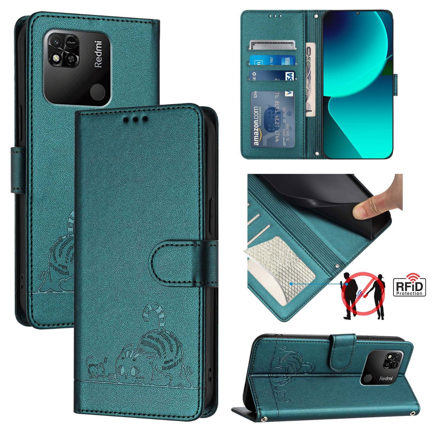 Xiaomi Redmi 10A Leather Phone Case with Cat and Rat Embossed Pattern, RFID Protection, Card Holder Slots, Anti-fall Feature & Lanyard