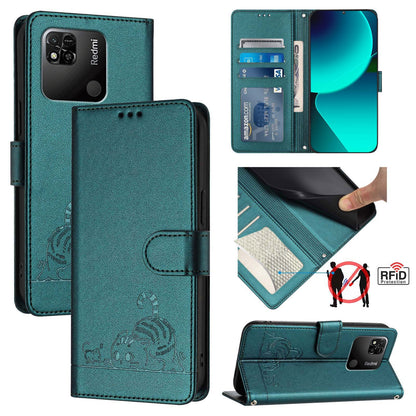 Xiaomi Redmi 10A Leather Phone Case with Cat and Rat Embossed Pattern, RFID Protection, Card Holder Slots, Anti-fall Feature & Lanyard