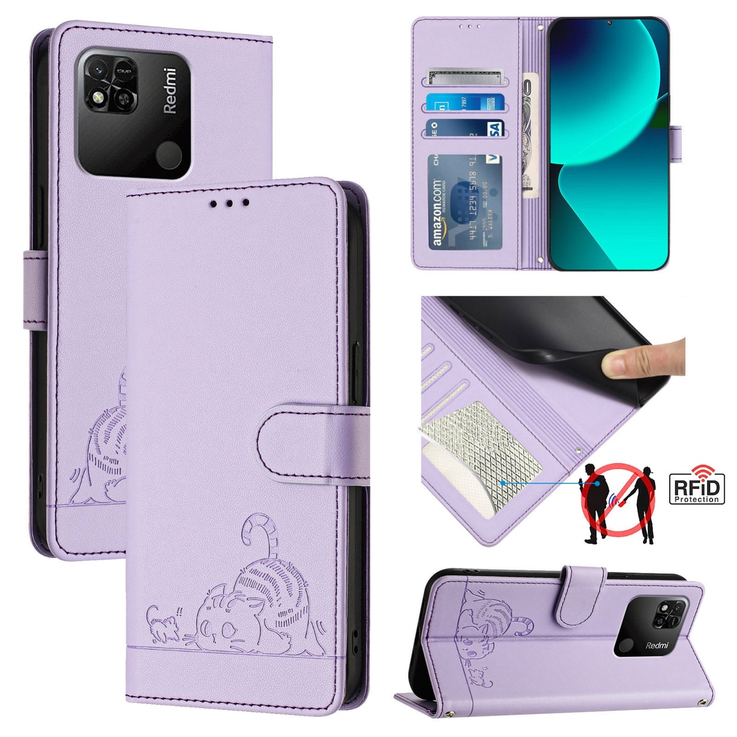 Xiaomi Redmi 10A Leather Phone Case with Cat and Rat Embossed Pattern, RFID Protection, Card Holder Slots, Anti-fall Feature & Lanyard