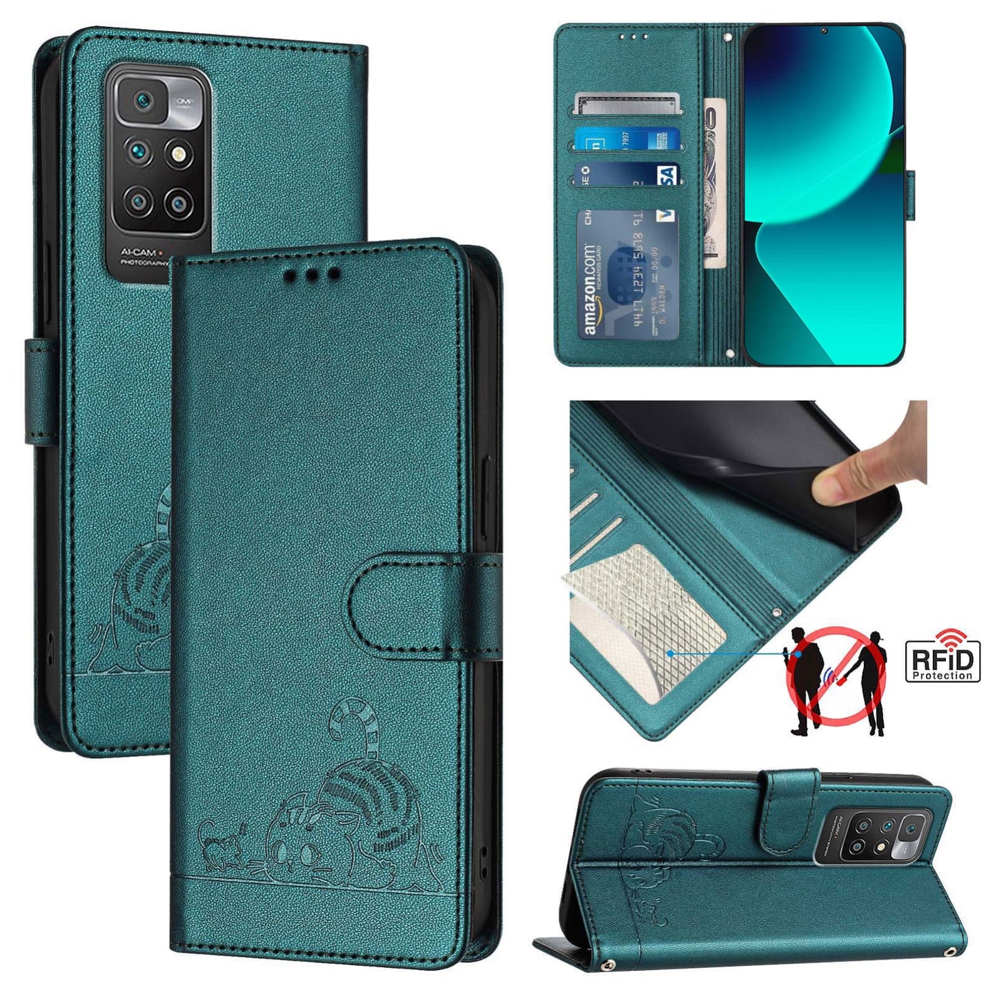 Xiaomi Redmi 10 2022 Global Leather Phone Case with Cat and Rat Embossed Pattern, RFID Protection, Card Holder Slots, Anti-fall Feature & Lanyard